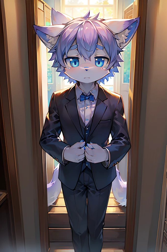 Normal scenario (Fluffy lilac fox boy), Standing,Facing the camera, ((Melancholy, Detailed face, Clear big eyes,blue eyes,Meticulous attention to detail)), Natural and soft lighting, 8K, SF Express, Autumn Light , peaceful , (Fluffy Paws), Front view,Wearing a suit