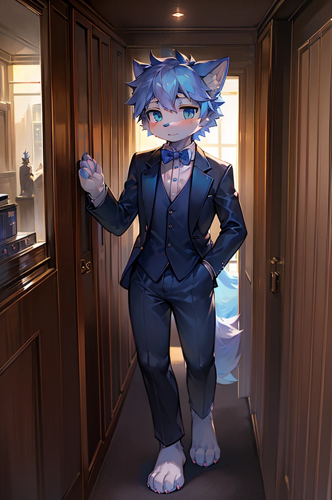 Normal scenario (Fluffy lilac fox boy), Standing,Facing the camera, ((Melancholy, Detailed face, Clear big eyes,blue eyes,Meticulous attention to detail)), Natural and soft lighting, 8K, SF Express, Autumn Light , peaceful , (Fluffy Paws), Front view,Wearing a suit