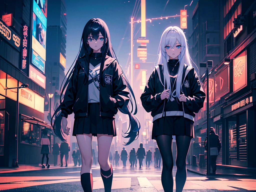 anime, Style, a blue long haired girl, black jacket, black skirt, walking on a futuristc city with neon lights ,(best quality, 4k, 8k, high resolution, obra-prima: 1.2), ultra-detailed, (realista, fotorealista, foto-realista: 1.37) colorido com vibrantes cores, soft lighting