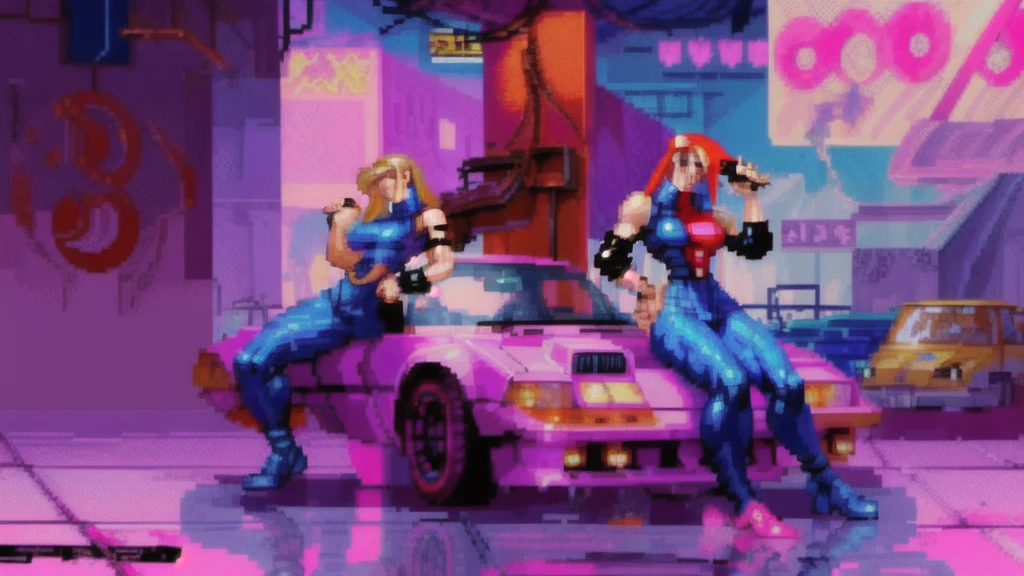 super retail drawing a woman with copper red hair enters the world of infinite regiment with game figures games in mint colors pixsel game pixel art in mint orange blue and purple colors
