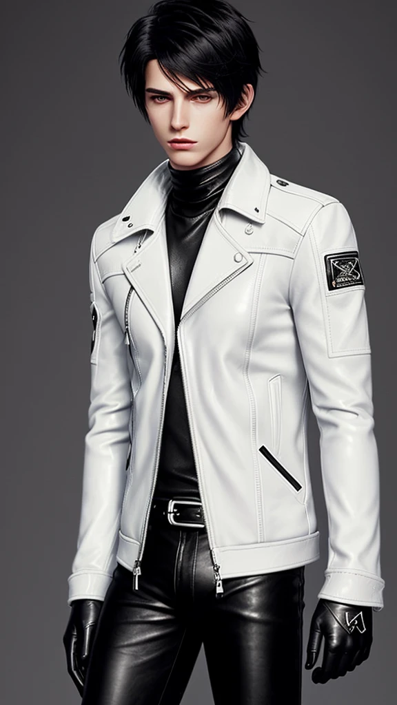 Final fantasy taste and reality graphics, Japanese young cute and cool ikemen boy, his age is early 20s, thin eyebrows and beady eyes, ((he wearing off white color leather thick material jacket)), ((jacket is singlebrest)), biker style jacket, with epaulet, jacket is long sleeve, ((must close the front of the leather jacket)), , ((voluminous leather jacket)), ,((must jacket is high length and stand-up collar with two belts)), ((jacket is a little black color line pattern)),((close the front of the jacket)), also wearing black thick material turtleneck lackluster shirts, tight black leather pants, ((black leather tight and thin glove)), ((black leather knee-high raceup boots)),((must views head-to-toe)),((must views whole body)), boy looks like fashion model,Do not show skin from the neck down,leather jacket leather glove and leather pants have few wrinkles,boy in the prison room, Avoid showing your innerwear,zip up jacket fastner.
Boy touching owns private parts with right hand.
Bous face is expression of ecstasy.
Boy is black hair.