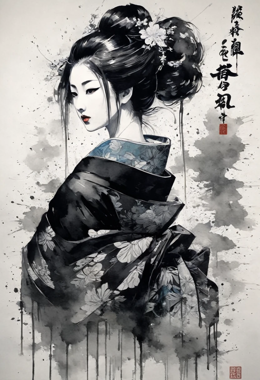 Ink and ink painting,Black and white painting,splash,５A big hairpin made of books,A kimono with a wide open back collar that allows the back to be seen from the nape of the neck,Oiran,