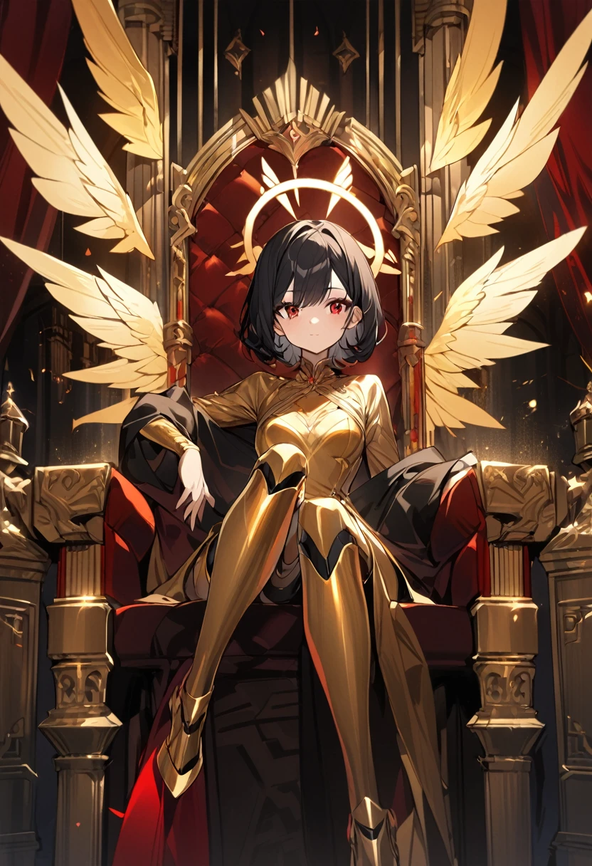 1girl, golden skin, golden halo, black hair, very short hair, winged, bronze dress, red details, long sleeves, red eyes, palace ambience, golden aura, sitting, throne, prosthetic legs