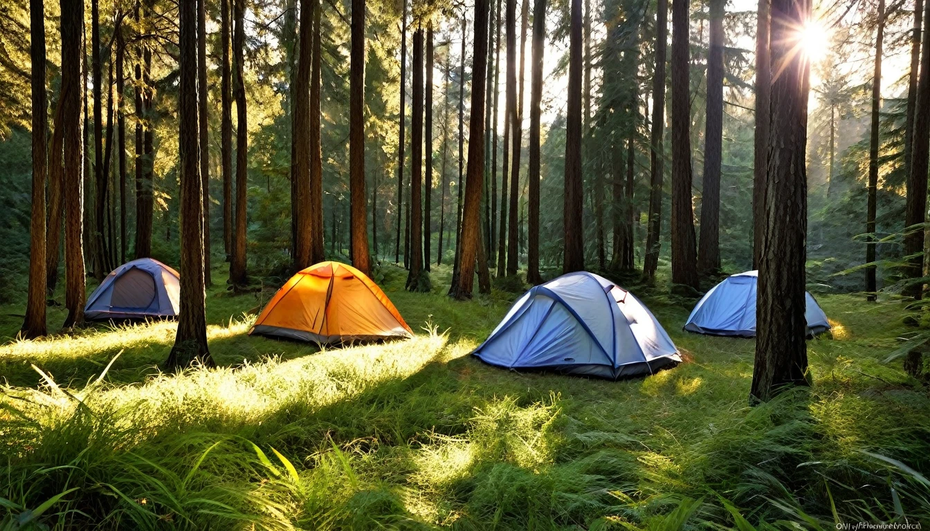 A forested area with tall trees and dense foliage. There are two camping tents set up in a patch of tall grass between the trees. It's late afternoon, and the sun is setting, casting a warm, golden glow over the scene. The sky is a mix of orange, pink and purple, and the light filters through the trees, creating long shadows. The tents are simple and colorful, with one blue and the other green. The overall atmosphere is serene and peaceful, with a sense of adventure and tranquility in the air.