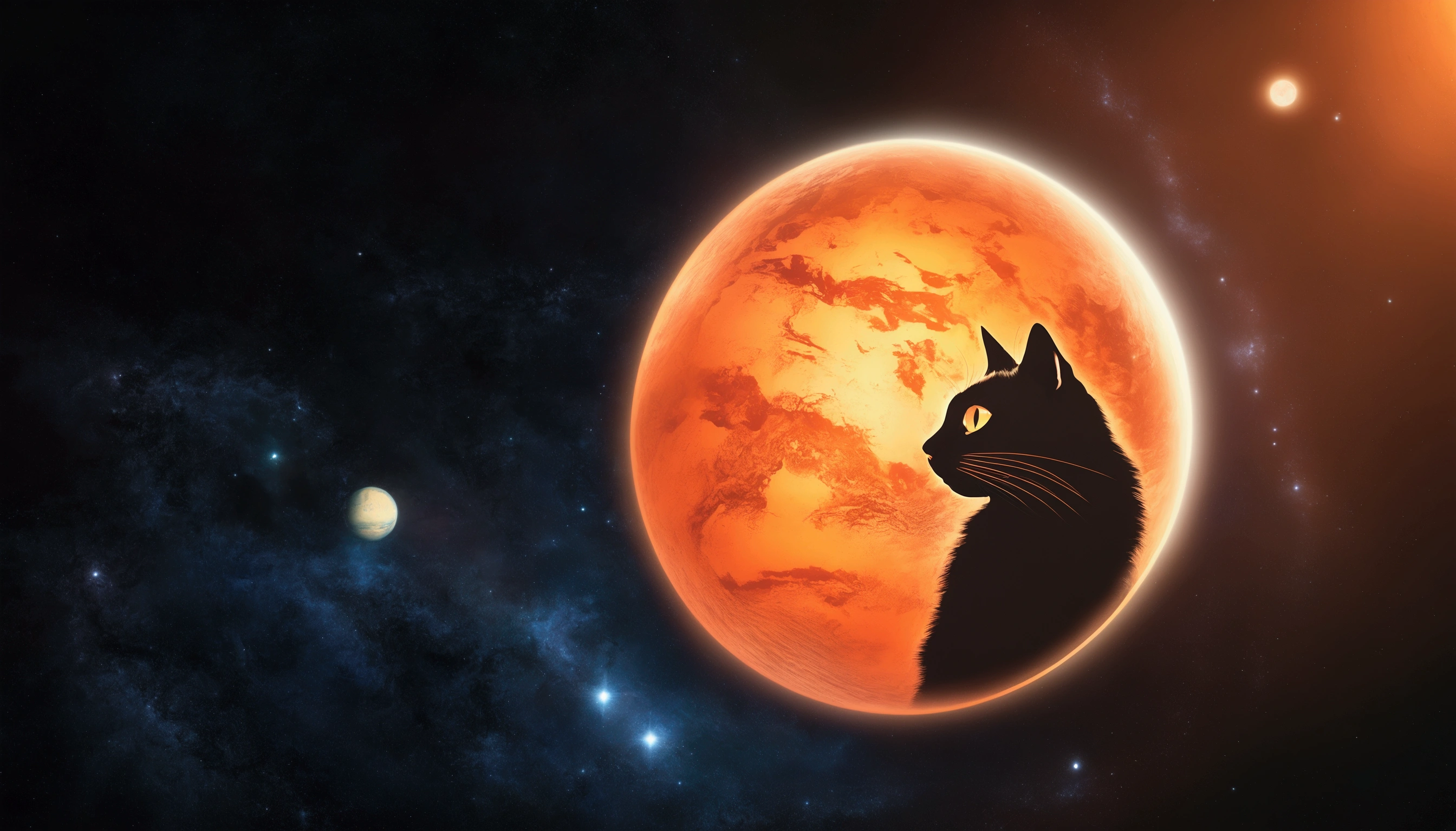 Earth on the left, planet with cat's face pattern on the right, cat's face planet glowing orange.