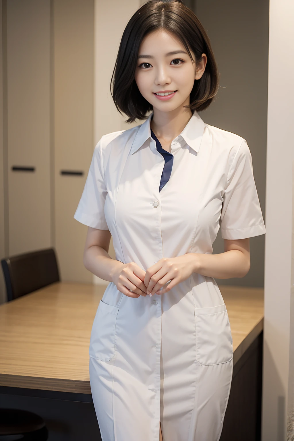 Create a close-up image of a beautiful Japanese female dental hygienist with a seductive smile。She was wearing a tight dental hygienist uniform.、プロフェッショナルさとcharmを強調しています。Her hair was neatly tied up.、She has an elegant look with her short hair style.。The background is a softly blurred dental clinic、The warm lighting highlights her features.。The makeup is perfect、特に目と唇に重点を置いて彼女のcharmを引き立てています。Confident、She has a slightly mysterious look、Elegance、charm、And it creates a professional atmosphere.。The uniform fits her body perfectly.、Show off your curves but still look polished and professional。makes her silhouette look elegant、Make sure to highlight her style。