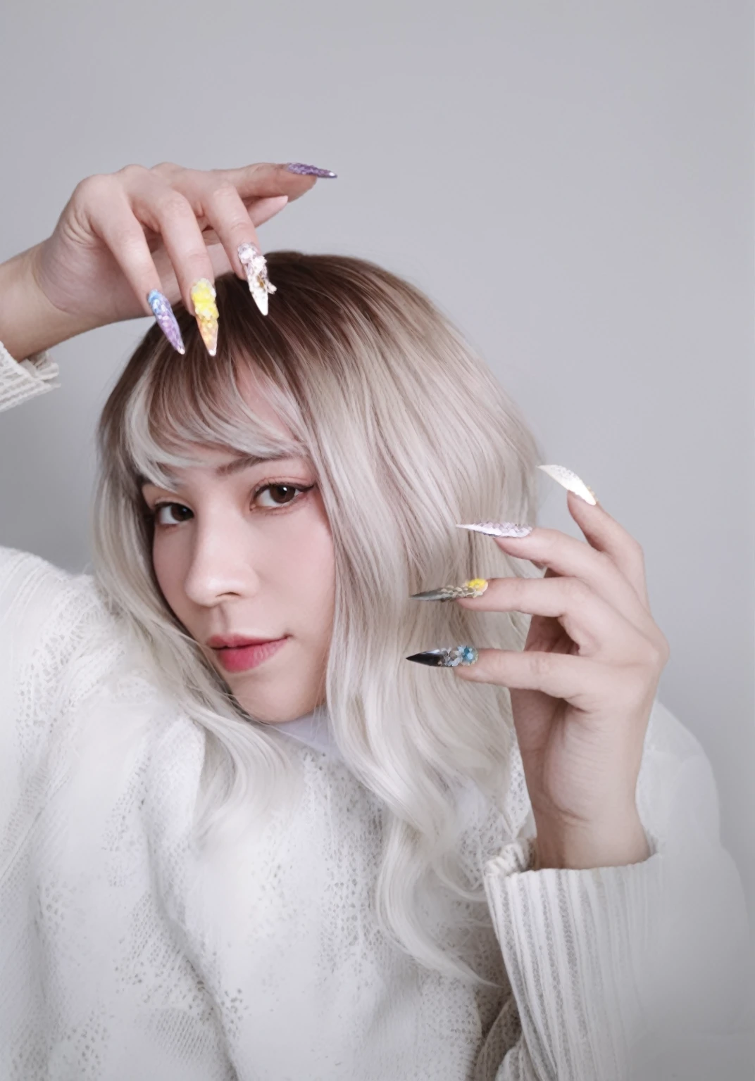 blond woman with long white hair and colorful nails holding a pair of scissors, long claws, with the index finger, long nails, with long white hair, long nails, with long white hair, with the fingers, blonde and silver hair, white hair color, with claws, painted nails, silver white hair, shikami, A girl has white hair, silver hair girl