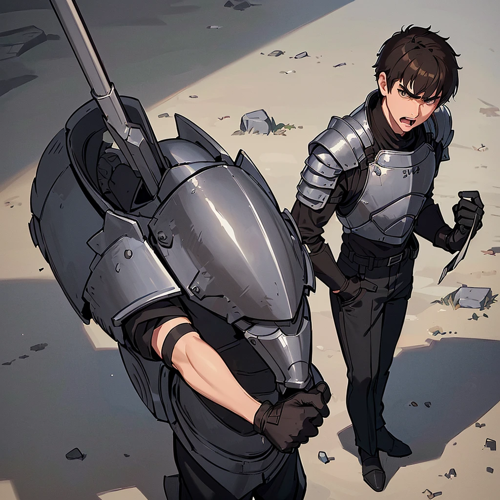 ((((Solo))))、((((Get Ready))))、Best illustrations、Best Quality、(((Simple grey armor、Black trousers、Black gloves、Short Hair、Brown Hair、20 year old man)))、(Old ruins、desert。Grass)、(get annoyed、Open your mouth、Get angry)、battlefield、(White background)、(From above at an angle)