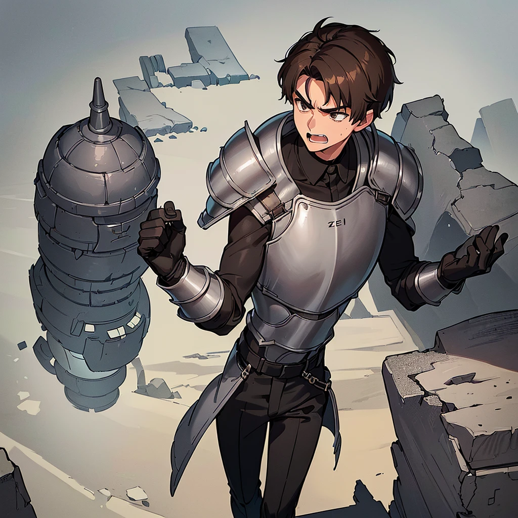 ((((Solo))))、((((Get Ready))))、Best illustrations、Best Quality、(((Simple grey armor、Black trousers、Black gloves、Short Hair、Brown Hair、20 year old man)))、(Old ruins、desert。Grass)、(get annoyed、Open your mouth、Get angry)、battlefield、(White background)、(From above at an angle)