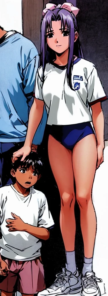 Momoko Koigakubo, a tall girl with beautiful legs, is wearing white gym clothes and light navy blue bloomers that look like panties, and is standing holding a second-grade boy who is wearing casual clothes.。