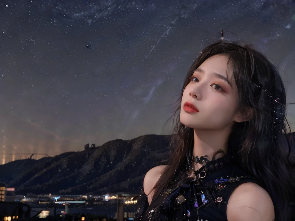 minimum, harmony, aesthetic, fantastic scene, Dystopia, (night, Starry Sky:1.4), Broken Building,  The starry sky creates a mystical atmosphere, Girl looking up at the sky, 24-years-old, slender, Medium Hair, bangs, (Gothic_Punk:1.2), masterpiece, best quality, RAW Photos, photorealistic, depth of field, candytt