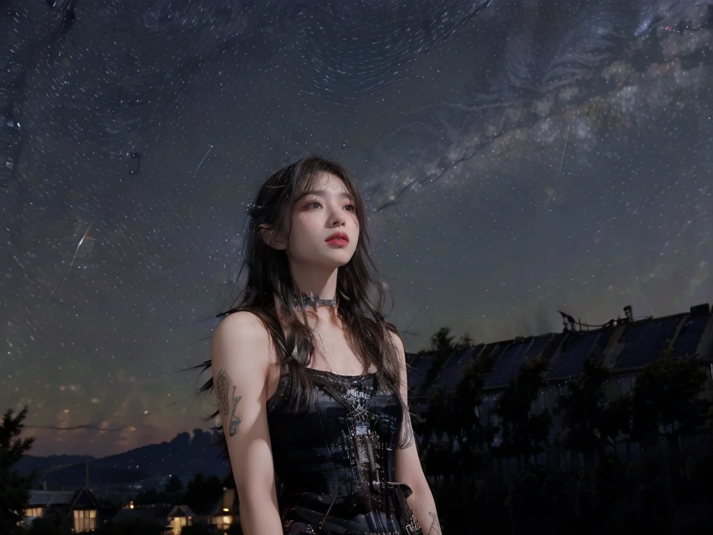 minimum, harmony, aesthetic, fantastic scene, Dystopia, (night, Starry Sky:1.4), Broken Building,  The starry sky creates a mystical atmosphere, Girl looking up at the sky, 24-years-old, slender, Medium Hair, bangs, (Gothic_Punk:1.2), masterpiece, best quality, RAW Photos, photorealistic, depth of field, candytt