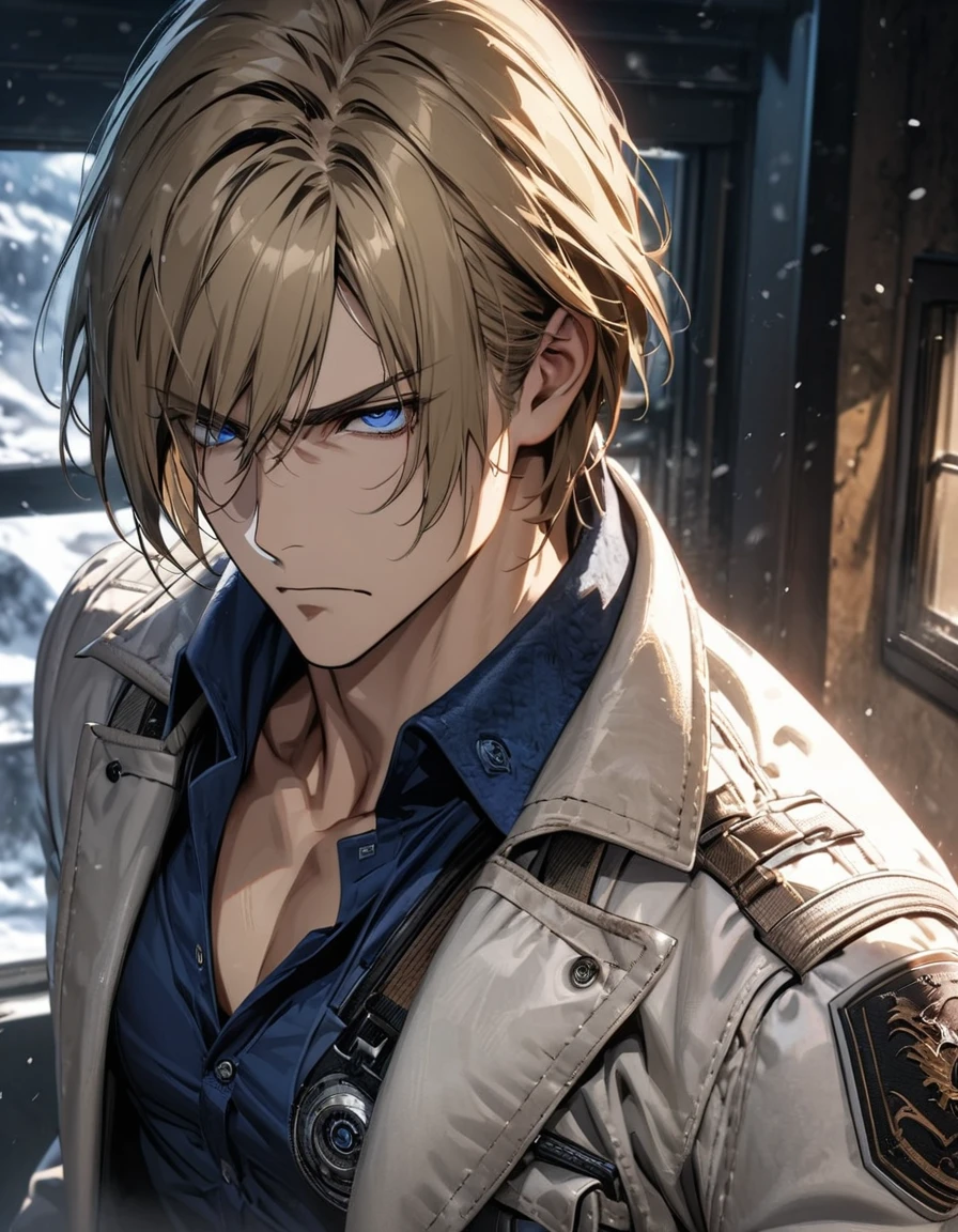 absurdities, High resolution, ultra detailed, HdR, masterpiece, Extremely detailed face and eyes, Leon Kennedy, tousled medium blonde hair, frown, serious, expressive blue eyes, resident evil 6, 1 man, elegant, white jacket, Fitted blue shirt, toned chest, window, snowy background. Complete plan