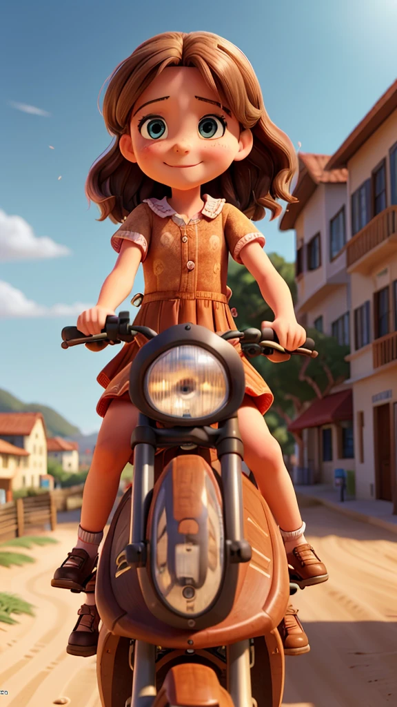 A 9 year old girl with brown hair riding a bicycle, another 8 year old blonde girl standing on the back, riding on dirt streets in a coastal city, detailed facial features, photorealistic, 8k, best quality, masterpiece, highly detailed, cinematic lighting, vibrant colors, warm tones, beautiful scenery, coastal architecture, flowing dresses, smiling expressions, dynamic poses