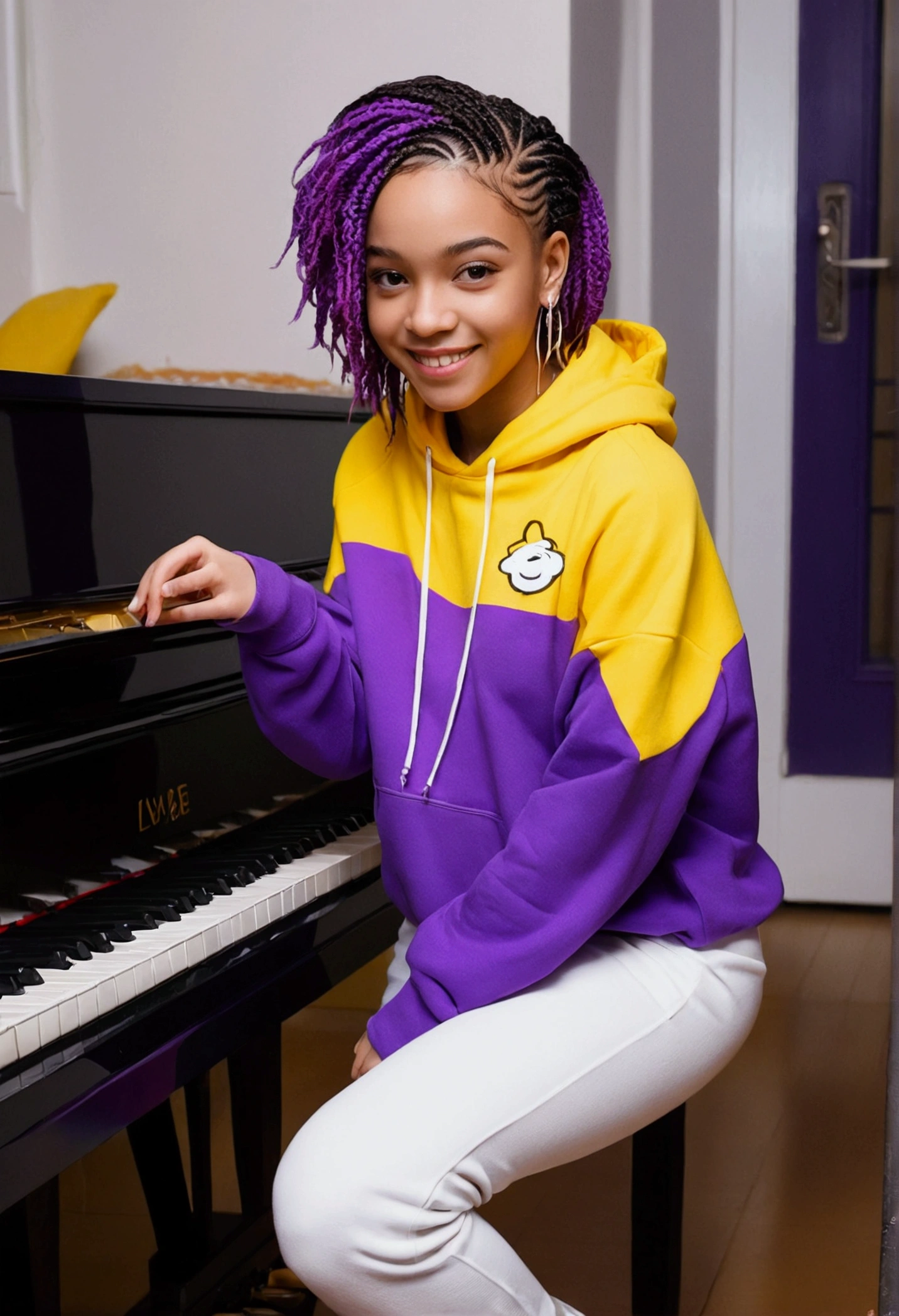 (masterpiece, best quality), deep ebony 1girl, beautiful face, short Afro braids , cute, , beautify, Lofi vibe,, cute night vibe, concentrated, hands outside of the picture, music studio, piano on the background, , purple and yellow hoddie, white trousers , not sexy, cute look, clothing is dry and baggy, small breasts,  vibe, jogging, cute smile