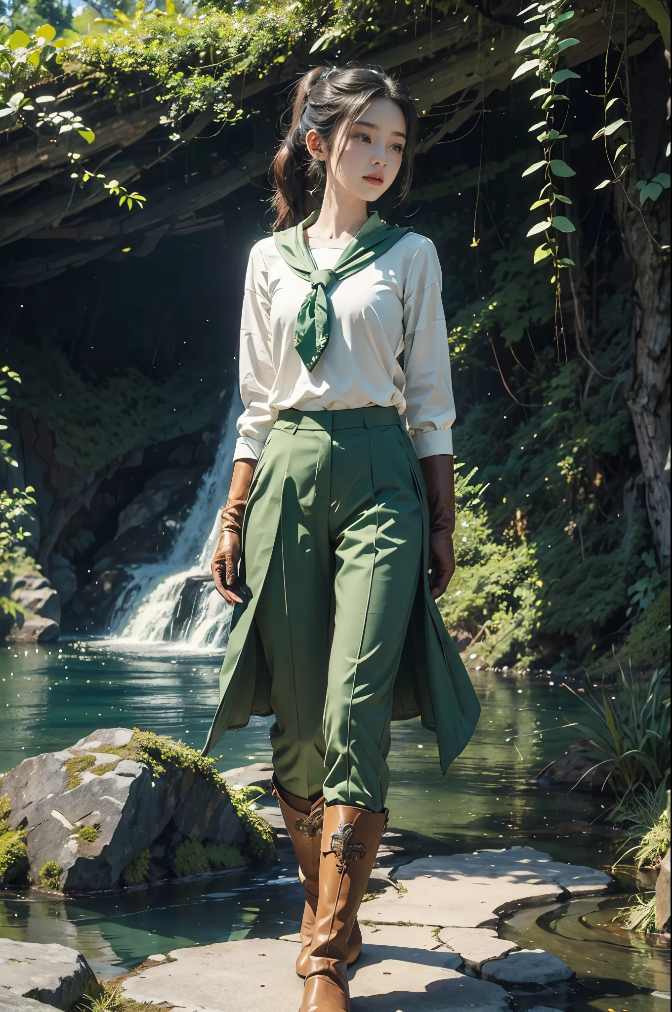 (((best quality))),(((ultra detailed))),(((masterpiece))),illustration, adventure,((a girl,solo)),((slim,thin)),((small breasts,flat chest)),sun-kissed skin,(short ponytail:1.2),(neckerchief:1.2),((vibrant green collared sleeved shirt,green pants)),(gloves:1.2),((slender legs,boots)),jungle, lush foliage, gentle breeze, ethereal, excitement, exploration, exotic flora and fauna, vibrant flowers, deep greens, delicate vines, ancient trees, enchanting canopy, sweet scent, nature, majestic waterfall, cascading water, crystal-clear pool, serene oasis, cool off, shimmering skin, laughter, deep connection, natural world, tranquility, wilderness, spirit soaring, birdsong, pure joy, enchantment,jungle, harmonizing, serenity, wonder, nature adventure