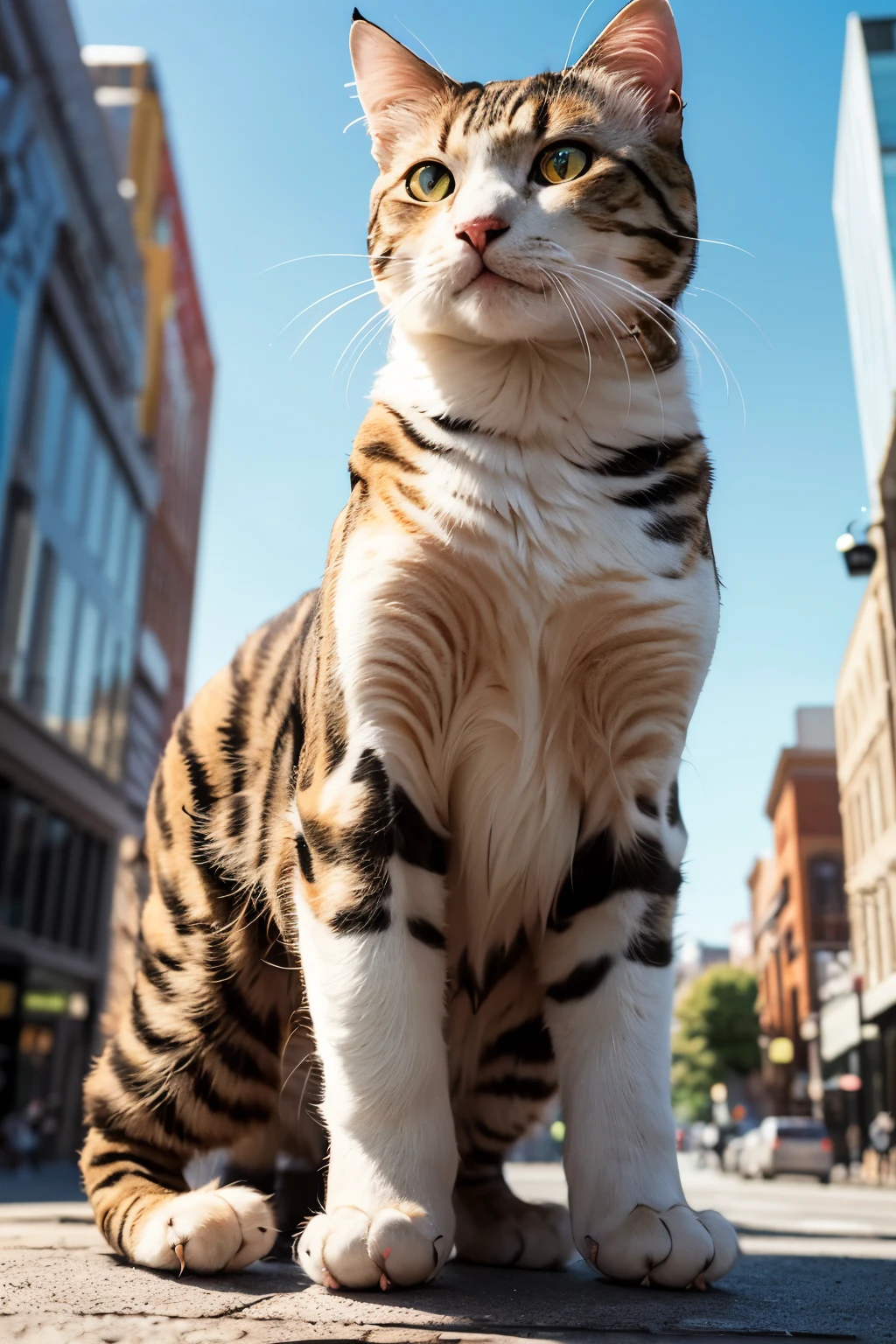 (Best Quality,4K,8K,hight resolution,masutepiece:1.2),Ultra-detailed,Realistic,Extremely detailed, Colorful tones,((Giant Cat:1.3)),downtown,