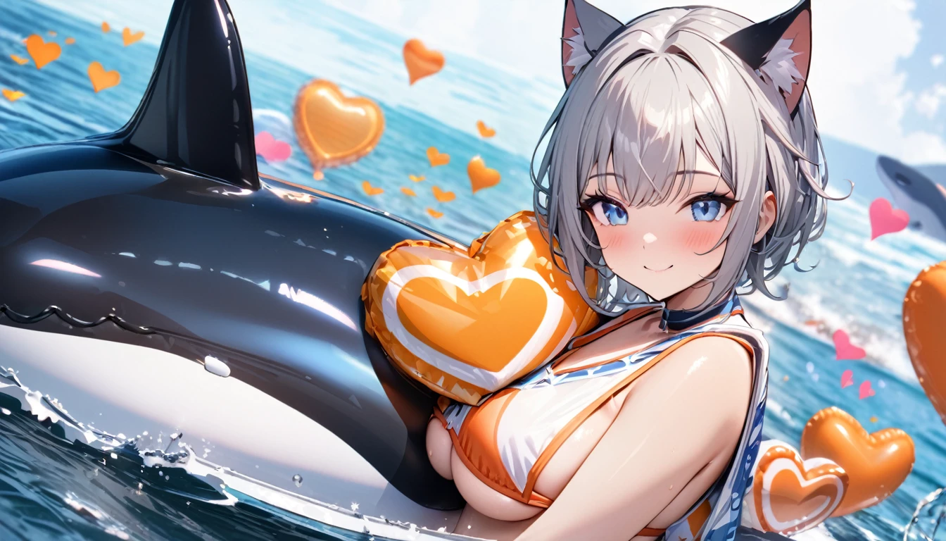 Ride an inflatable killer whale float、1girl、(((best quality)), ((masterpiece)), (details), masterpiece, best quality, high quality, ulutra detailed, perfect face, ((1girl, Blue eyes, cat ears: 1.3 silver bob hair: 2.5,))、Shiny Hair、Glowing Skin、smile、Lustful look、I can see your toned stomach、Sideboob、Underboob、iding on the inflatable killer whale float.Ocean、Ocean上、Ocean水浴、Orange Bikini、smile、Heart effect、Side Angle