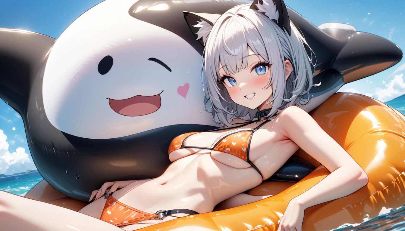 Ride an inflatable killer whale float、1girl、(((best quality)), ((masterpiece)), (details), masterpiece, best quality, high quality, ulutra detailed, perfect face, ((1girl, Blue eyes, cat ears: 1.3 silver bob hair: 2.5,))、Shiny Hair、Glowing Skin、smile、Lustful look、I can see your toned stomach、Sideboob、Underboob、iding on the inflatable killer whale float.Ocean、Ocean上、Ocean水浴、Orange Bikini、smile、Heart effect、Side Angle
