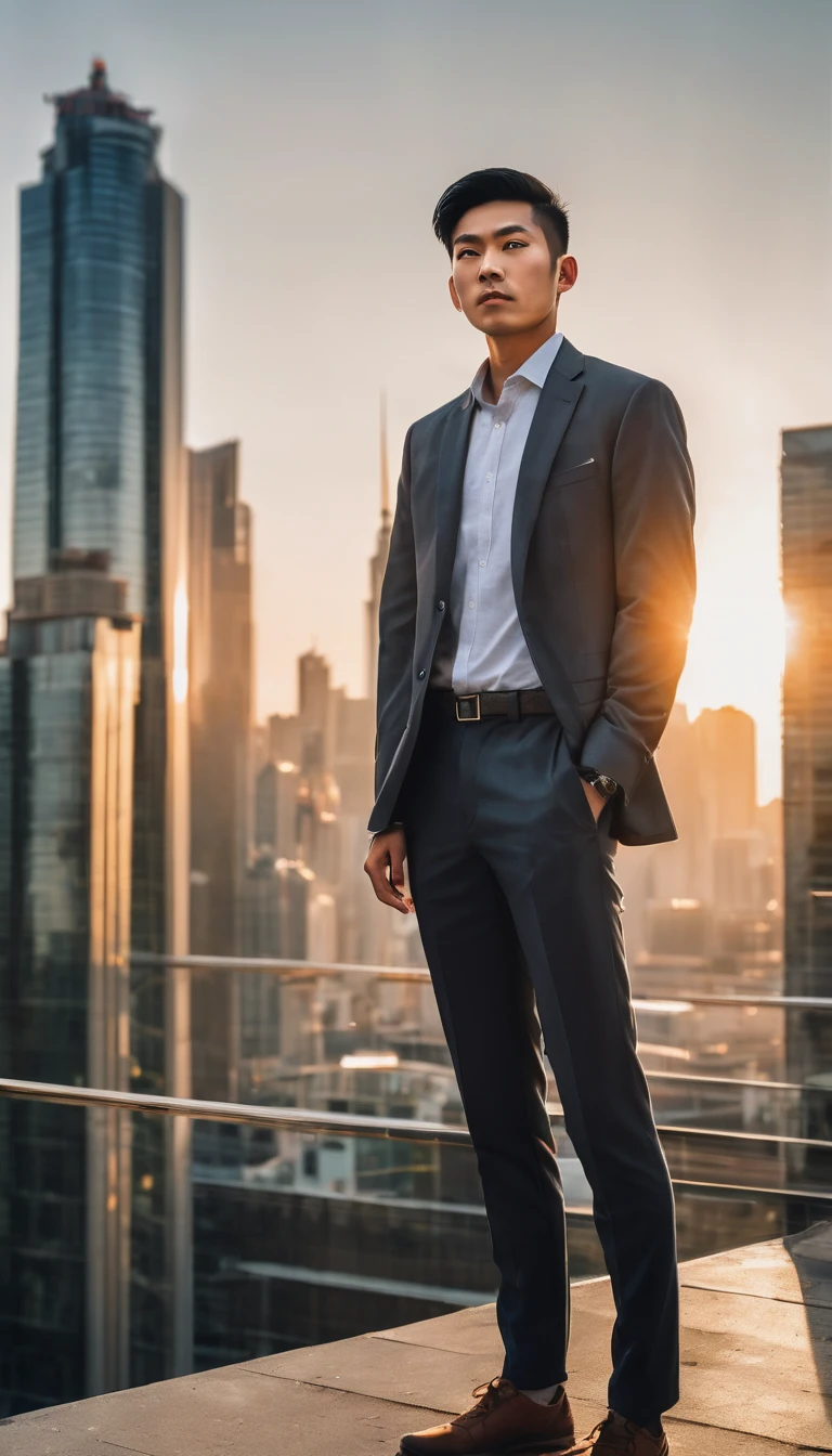 A confident young Asian man in his mid-20s, standing tall in a bustling cityscape, looking ahead with determination. The scene is set during golden hour, with warm sunlight casting long shadows, highlighting his confident posture and bright, focused eyes. The backdrop features modern skyscrapers, hinting at an urban environment. The overall mood is empowering, with a cinematic film grain effect."