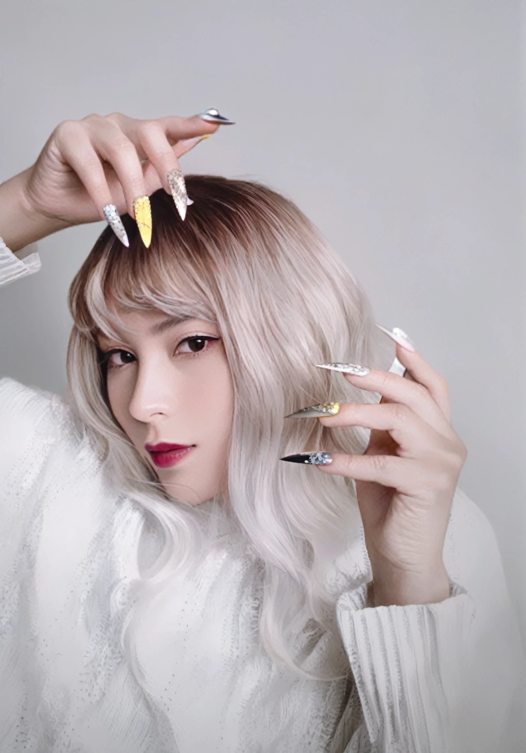 blond woman with long white hair and colorful nails holding a pair of scissors, long claws, with the index finger, long nails, with long white hair, long nails, with long white hair, with the fingers, blonde and silver hair, white hair color, with claws, painted nails, silver white hair, shikami, A girl has white hair, silver hair girl
