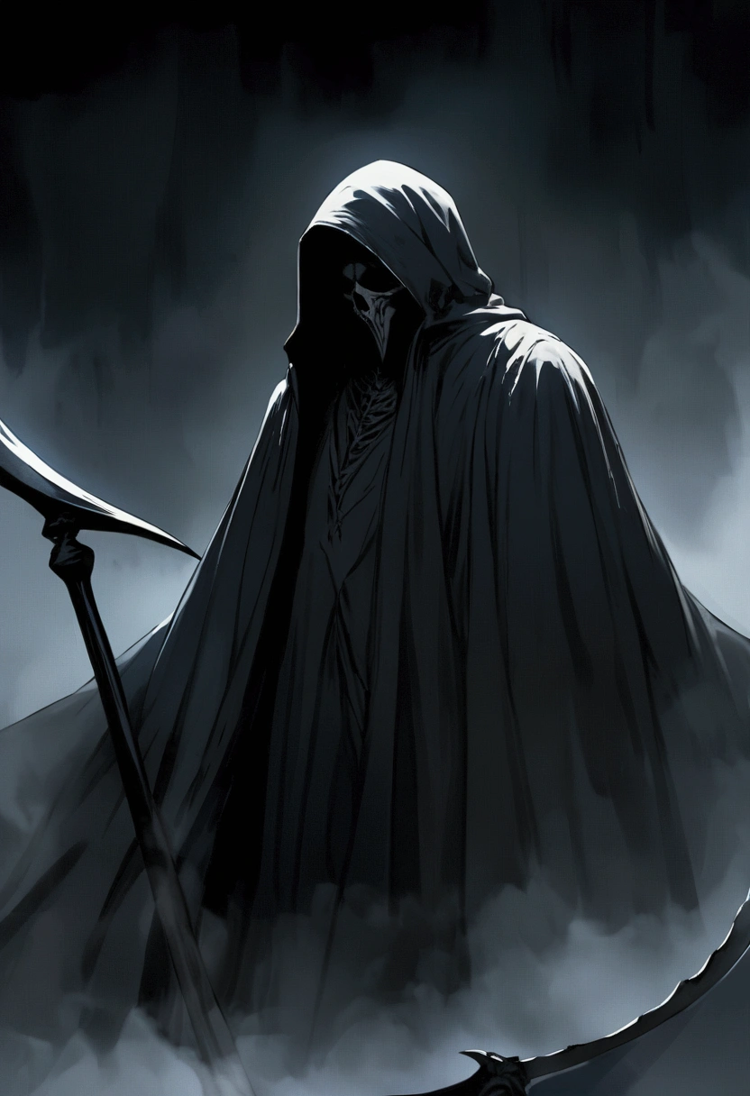 Create an image of the Grim Reaper holding his scythe. The figure should be cloaked in a dark, tattered robe with a large hood that completely obscures his face. The scythe is menacing, with a long, curved blade that gleams in the dim light. The background is dark and misty, adding to the eerie and foreboding atmosphere. The overall mood of the image should be ominous and haunting, capturing the terrifying presence of the Grim Reaper without revealing his face