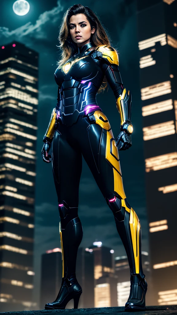Hyper-realistic digital illustration featuring a Full-length photo of ((((Full body)))) amazingly beautiful female superhero with determined and focused expression and perfect physique in stylish, Darker, Batman inspired Iron Man armor, floating in the night sky above a busy cityscape. The armor is a mix of shiny black and shiny neon yellow with red and yellow accents, and a neon bat symbol is emblazoned on the upper body. The skyline is full of skyscrapers, whose lights create a lively background. She is self-confident, one hand on the hip, while she holds the other towards the viewer, to protect the city beneath her. The scene is dramatically lit, the moon peeks out from behind the clouds and casts a blue shimmer over the scene.