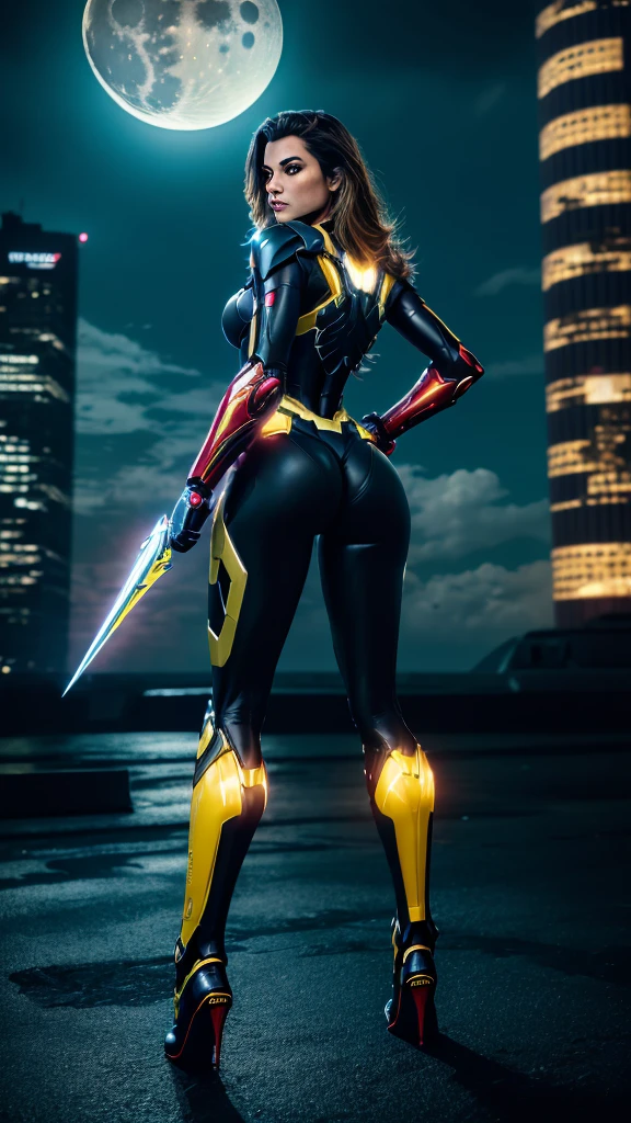 Hyper-realistic digital illustration featuring a Full-length photo of ((((Full body)))) amazingly beautiful female superhero with determined and focused expression and perfect physique in stylish, Darker, Batman inspired Iron Man armor, floating in the night sky above a busy cityscape. The armor is a mix of shiny black and shiny neon yellow with red and yellow accents, and a neon bat symbol is emblazoned on the upper body. The skyline is full of skyscrapers, whose lights create a lively background. She is self-confident, one hand on the hip, while she holds the other towards the viewer, to protect the city beneath her. The scene is dramatically lit, the moon peeks out from behind the clouds and casts a blue shimmer over the scene.