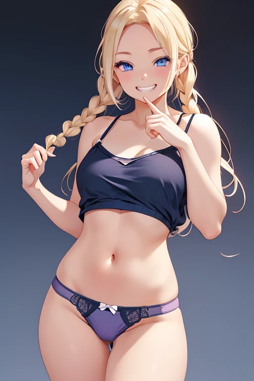 Realistic、masterpiece, 1house wife、blonde hair、twin tail, red eyes, (eye focus:1.3,face focus),(Gradient eyes:1.3),(sexy panties)、open mouth,(grin:1.3),forehead,cute face、((Thick thighs、Beautiful thighs)), A condescending gaze on the viewer,((Raise your arms, Expose your armpits)), Wrestler