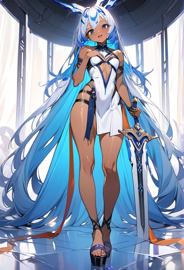 (anime style),masterpiece, best quality, extremely detailed,18Year old,tanned skin,dark skin, Beautiful tall body,flat breasts,BREAK,multicolored colorful blue hair,absurdly long hair,for head,BREAK,black eyes,best smile,open mouth,detailed lips,BREAK,cotton black big ribbon,BREAK,ripped shamelessness armor、sword maiden costume,loincloth,sandals,childish pose,break,head tilt,