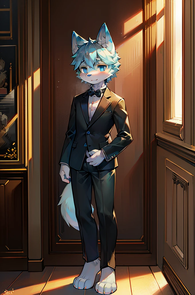 Normal scenario (Furry pale green fox boy), Standing，Facing the camera， ((Melancholy， Detailed face, Clear big eyes，blue eyes，Meticulous attention to detail)), Natural and soft lighting, 8K, SF Express, Autumn Light , peaceful , (Fluffy Paws), Front view，Wearing a suit