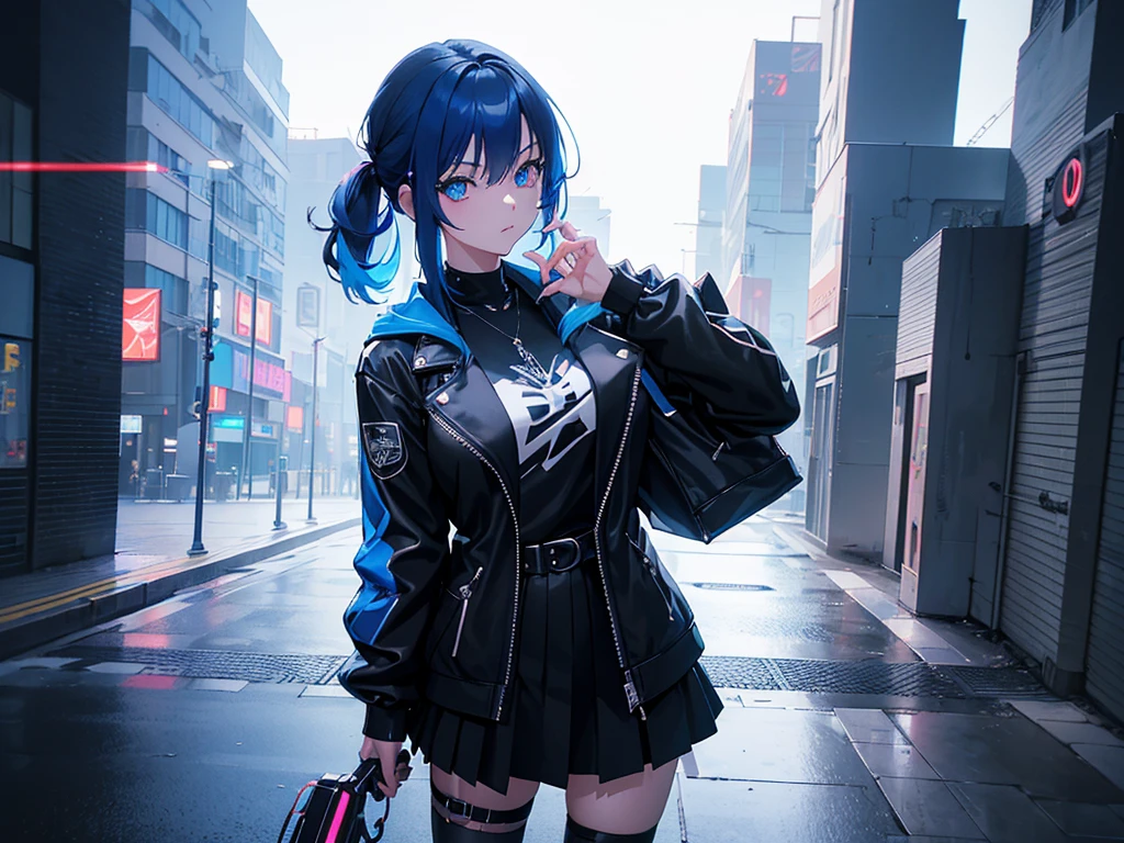 anime, Style, a blue haired girl, black jacket, black skirt, walking on a futuristc city with neon lights ,(best quality, 4k, 8k, high resolution, obra-prima: 1.2), ultra-detailed, (realista, fotorealista, foto-realista: 1.37) colorido com vibrantes cores, soft lighting