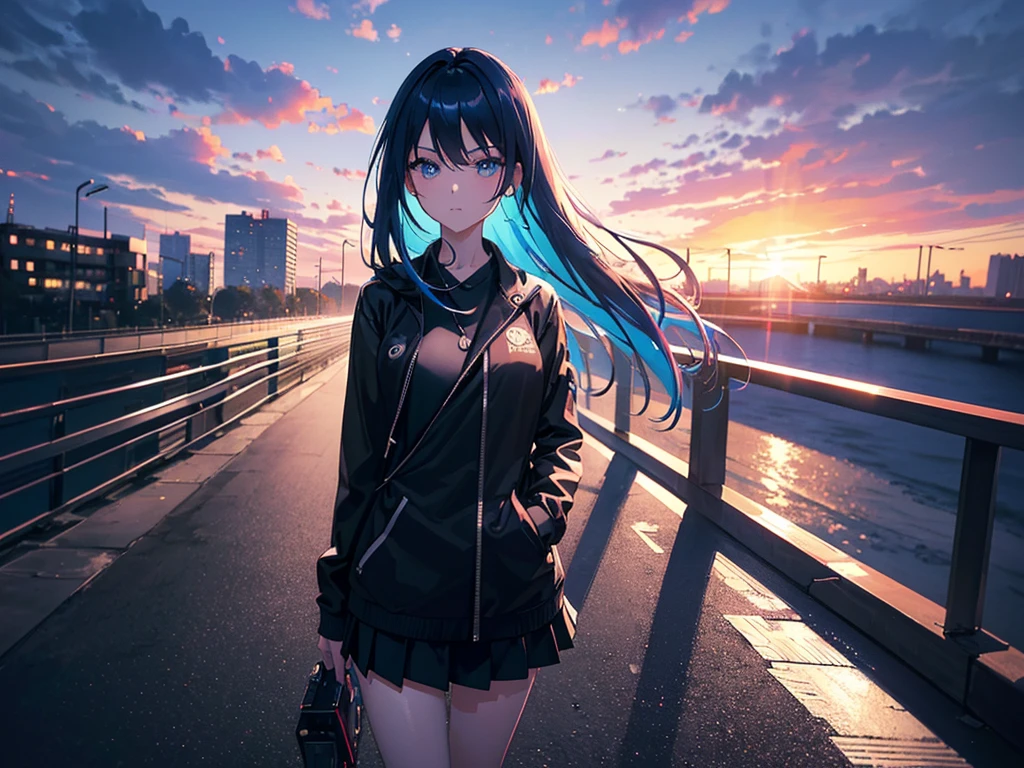 anime, Style, a blue haired girl, black jacket, black skirt, walking on a futuristc city with neon lights ,(best quality, 4k, 8k, high resolution, obra-prima: 1.2), ultra-detailed, (realista, fotorealista, foto-realista: 1.37) colorido com vibrantes cores, soft lighting