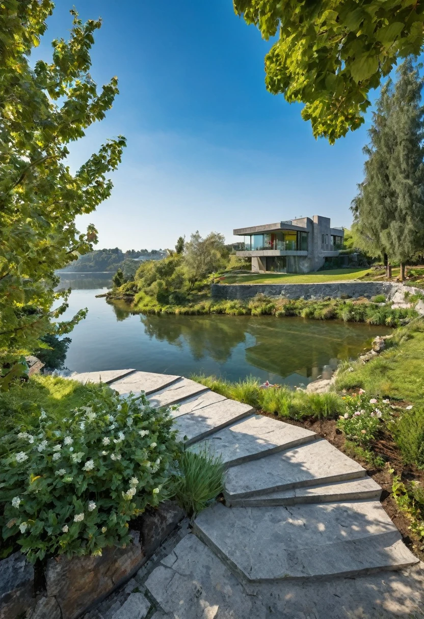 RAW photo, Nikon D850 + AF-S 18-120 MM F/4 VR camera, with ultrawide lens, HDR, high resolution, top quality, ultra high res.photorealistic::1.5, extremely detailed, right diagonal view, light temperature 3,500K, mid-morning while the sun is at a pleasant temperature, sun angle at 60 degrees. Contemporary two-story house, large glass walls, architectural structure of the house entirely in cement, raw concrete, stone path that leads to a lake, fruit trees around, balcony, deck.