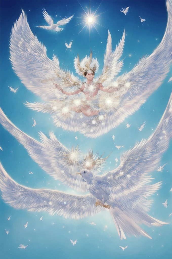 White Suzaku、White Bird、White phoenix、Large wings、Bright light、There is a lot of light overall、大きいWhite Bird、Beautiful feathers、Flying Upwards、god々Shii、solo, Sparkle Effect, Daytime、sun、One animal、Yellow Background、Gold Background、優Shii光、眩Shii、delicate、