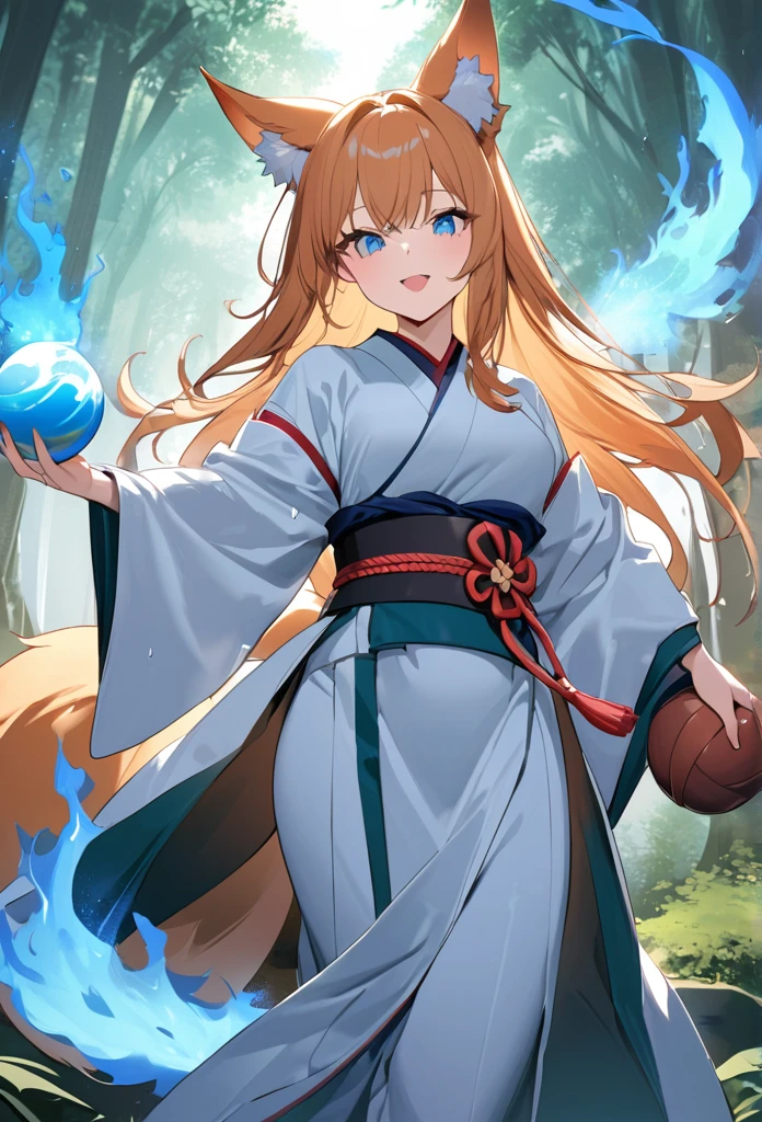 Masterpiece, Extremely detailed, , close distance shot, (A beautiful kitsune woman walking in a rainy forest holding a small ball of blue fire), facing viewer, dynamic pose , fox ears, nine fox tails, traditional Japanese clothing.
