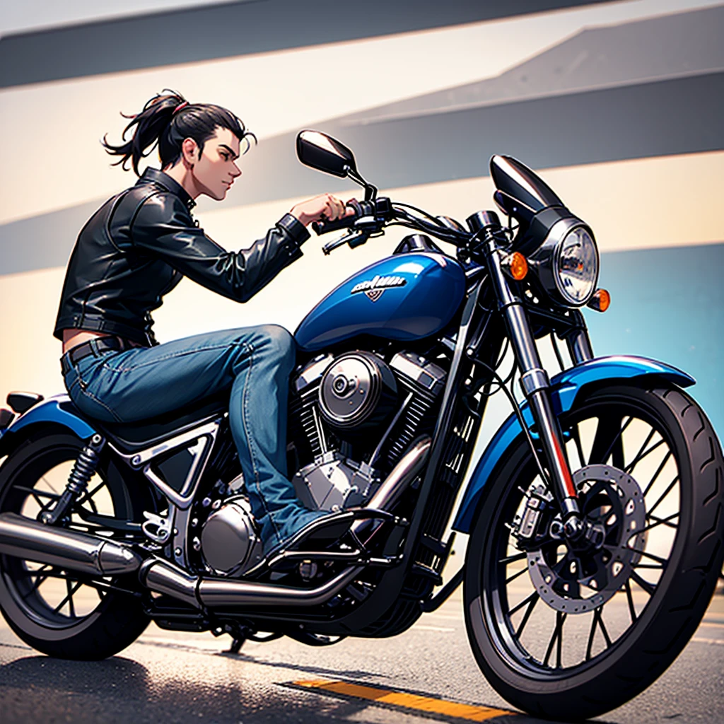 Side profile of a young man riding harley davidson