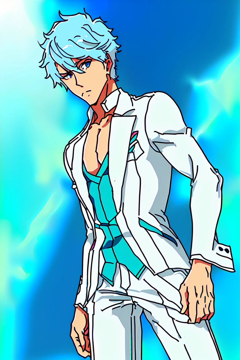 highly detailed, high quality, master piece, beautiful, light blue hair, very short hair, white open ripped jacket, shirtless, baggy white pants, blue shiny eyes,background, young man, full body, (full general shot)