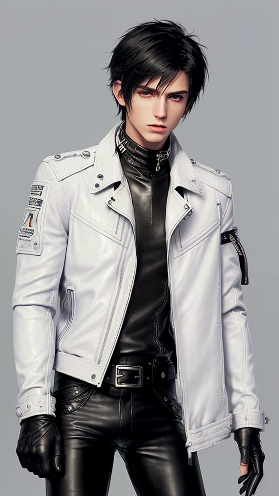 Final fantasy taste and reality graphics, Japanese young cute and cool ikemen  boy, his age is early 20s, thin eyebrows and beady eyes,  ((he wearing off white color leather  thick material jacket)), ((jacket is singlebrest)), biker style jacket, with epaulet, jacket is long sleeve, ((must close the front of the leather jacket)), , ((voluminous leather jacket)), ,((must jacket is high length and stand-up collar with two belts)), ((jacket is a little black color line pattern)),((close the front of the jacket)), also wearing black thick material turtleneck lackluster shirts,  tight black leather pants,  ((black leather tight and thin glove)), ((black leather knee-high raceup boots)),((must views  head-to-toe)),((must views whole body)), ,((Do not show skin from the neck down)),leather jacket leather glove and leather pants have few wrinkles,boy in the prison room, Avoid showing your innerwear,zip up jacket fastner.
Boy touching owns private parts with right hand.
Bous face is expression of ecstasy.
Boy is black hair.