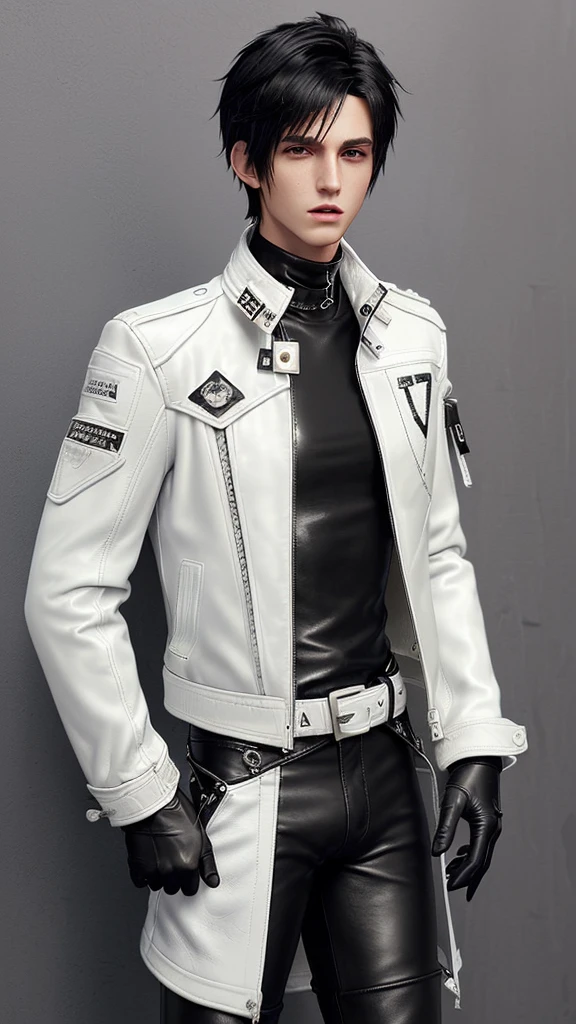 Final fantasy taste and reality graphics, Japanese young cute and cool ikemen  boy, his age is early 20s, thin eyebrows and beady eyes,  ((he wearing off white color leather  thick material jacket)), ((jacket is singlebrest)), biker style jacket, with epaulet, jacket is long sleeve, ((must close the front of the leather jacket)), , ((voluminous leather jacket)), ,((must jacket is high length and stand-up collar with two belts)), ((jacket is a little black color line pattern)),((close the front of the jacket)), also wearing black thick material turtleneck lackluster shirts,  tight black leather pants,  ((black leather tight and thin glove)), ((black leather knee-high raceup boots)),((must views  head-to-toe)),((must views whole body)), ,((Do not show skin from the neck down)),leather jacket leather glove and leather pants have few wrinkles,boy in the prison room, Avoid showing your innerwear,zip up jacket fastner.
Boy touching owns private parts with right hand.
Bous face is expression of ecstasy.
Boy is black hair.