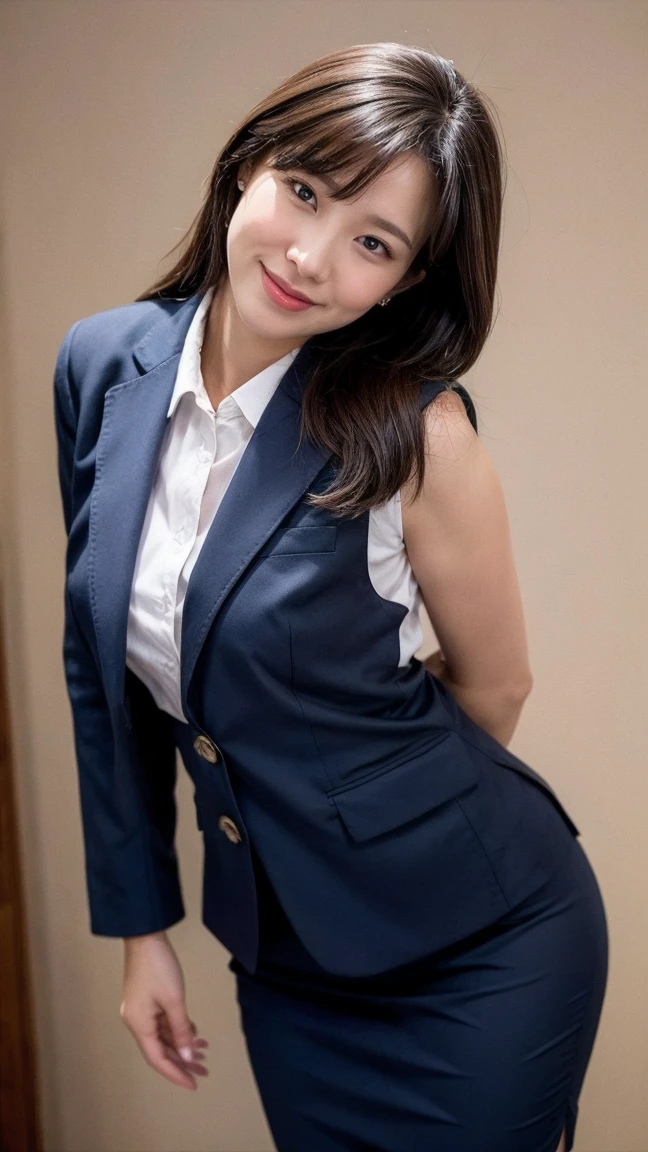 Highest quality、masterpiece、Ultra-high resolution、(Realistic:1.4)、Leaning forward、From above、(((Take a look here)))、I have the documents、Happy expression、Beautiful woman、suit、skirt、High heels、office