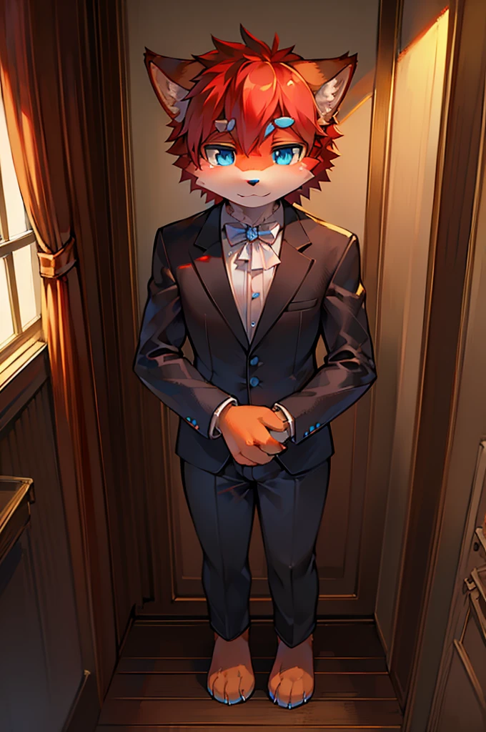 Normal scenario (Fluffy reddish fox boy), Standing,Facing the camera, ((Melancholy, Detailed face, Clear big eyes,blue eyes,Meticulous attention to detail)), Natural and soft lighting, 8K, SF Express, Autumn Light , peaceful , (Fluffy Paws), Front view,Wearing a suit