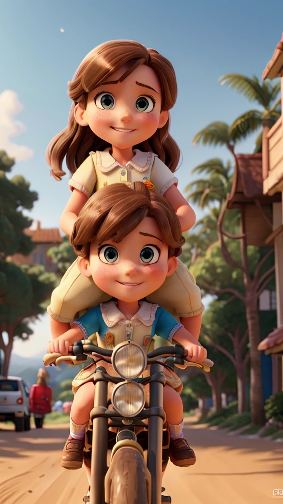 A 9 year old girl with brown hair riding a bicycle, another 8 year old blonde girl standing on the back, riding on dirt streets in a coastal city, detailed facial features, photorealistic, 8k, best quality, masterpiece, highly detailed, cinematic lighting, vibrant colors, warm tones, beautiful scenery, coastal architecture, flowing dresses, smiling expressions, dynamic poses