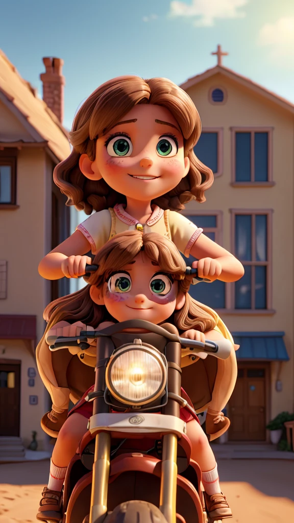 A 9 year old girl with brown hair riding a bicycle, another 8 year old blonde girl standing on the back, riding on dirt streets in a coastal city, detailed facial features, photorealistic, 8k, best quality, masterpiece, highly detailed, cinematic lighting, vibrant colors, warm tones, beautiful scenery, coastal architecture, flowing dresses, smiling expressions, dynamic poses