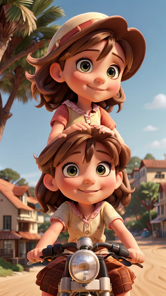 A 9 year old girl with brown hair riding a bicycle, another 8 year old blonde girl standing on the back, riding on dirt streets in a coastal city, detailed facial features, photorealistic, 8k, best quality, masterpiece, highly detailed, cinematic lighting, vibrant colors, warm tones, beautiful scenery, coastal architecture, flowing dresses, smiling expressions, dynamic poses