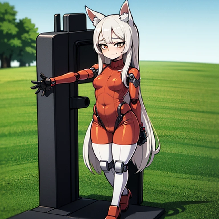 (((masterpiece)))、((top-quality))、(The ultra-detailed)、8K、(Very noble and beautiful))、Cinematic Light、((1 Mechanical anthropomorphic feline girl, Kat, blonde hair in a ponytail, pink nose, :3, silver fur, )) black ceramic body、luminescent android blue eyes, black sclera 、The cleavage is visible、Single、(Mechanical joint:1.4)、((Mechanical limb))、(Blood vessels attached to tu(Mechanical spine attached to the back))、((Mechanical cervical vertebrae attached to neck))、(Wires and cables attached to the head and body:1.5)、 neon details、Science fiction、full body shot, The background is Cyberpunk City、