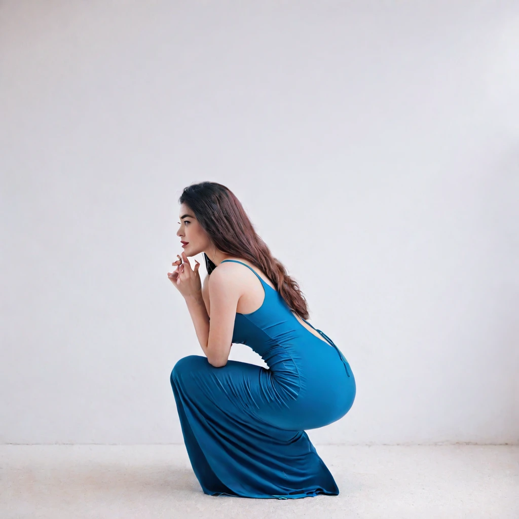 young woman squatting on her knees in a maxi dress, bodycon dress, full back shot
