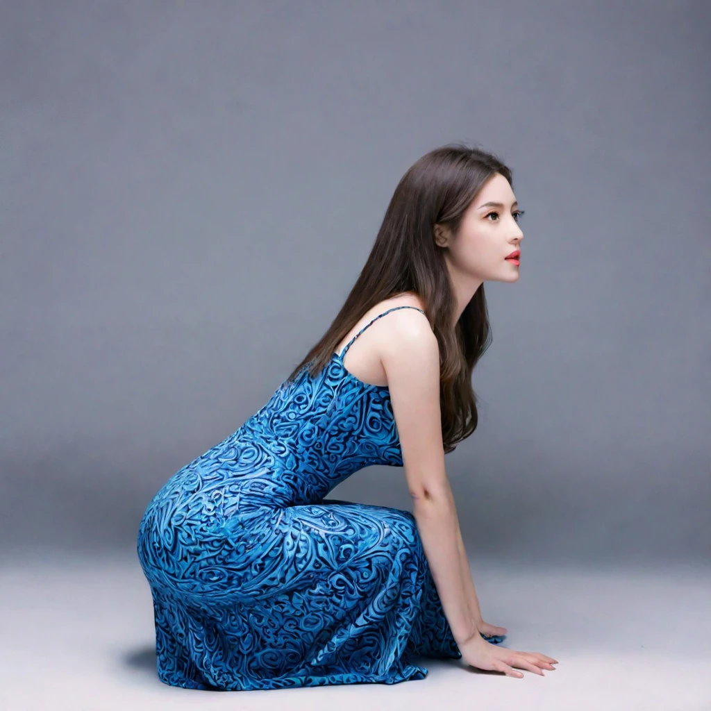 young woman squatting on her knees in a maxi dress, bodycon dress, full back shot