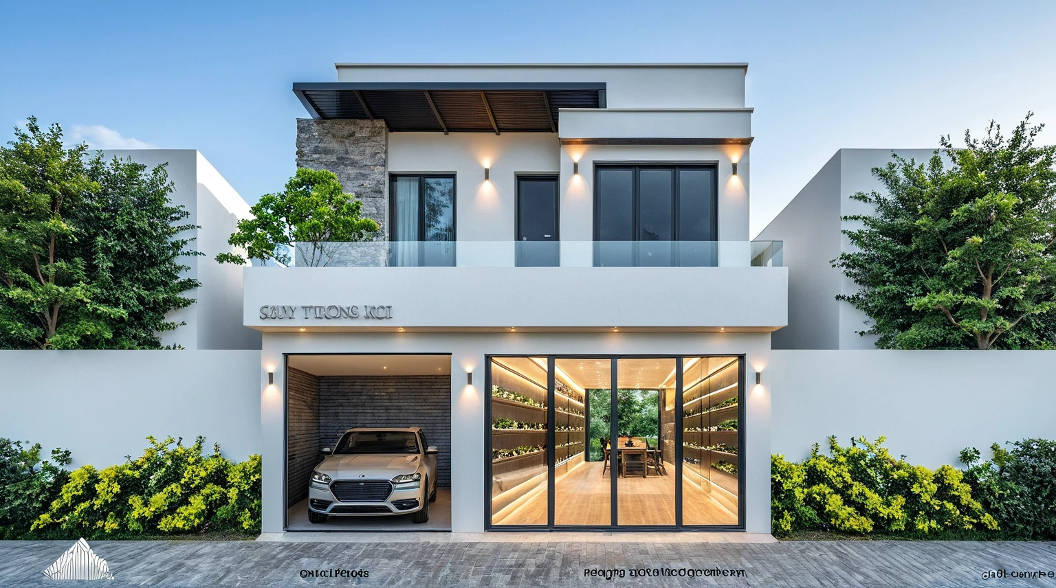 Raw photo, great product, high quality, best quality, authentic, super detailed, outdoor, 2-storey house, modern townhouse style, (white wall), Gray stone fence, painted curved wall white, Curved wall facade, aluminum glass door interior, white painted curved planter, gray tiled wall, gray iron box outer gate, road, sidewalk, grass, trees, sky, clouds, (daylight):1.1)