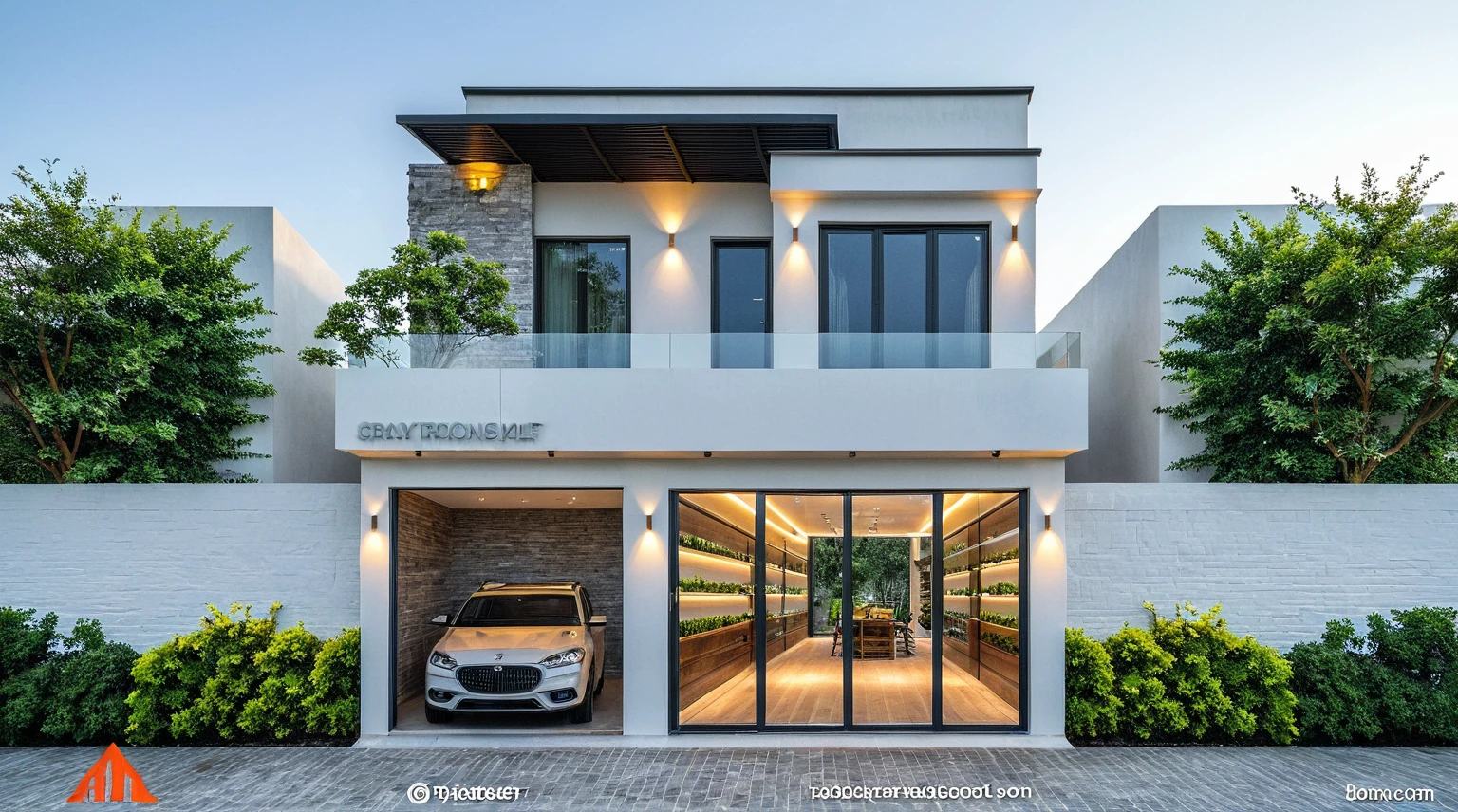 Raw photo, great product, high quality, best quality, authentic, super detailed, outdoor, 2-storey house, modern townhouse style, (white wall), Gray stone fence, painted curved wall white, Curved wall facade, aluminum glass door interior, white painted curved planter, gray tiled wall, gray iron box outer gate, road, sidewalk, grass, trees, sky, clouds, (daylight):1.1)